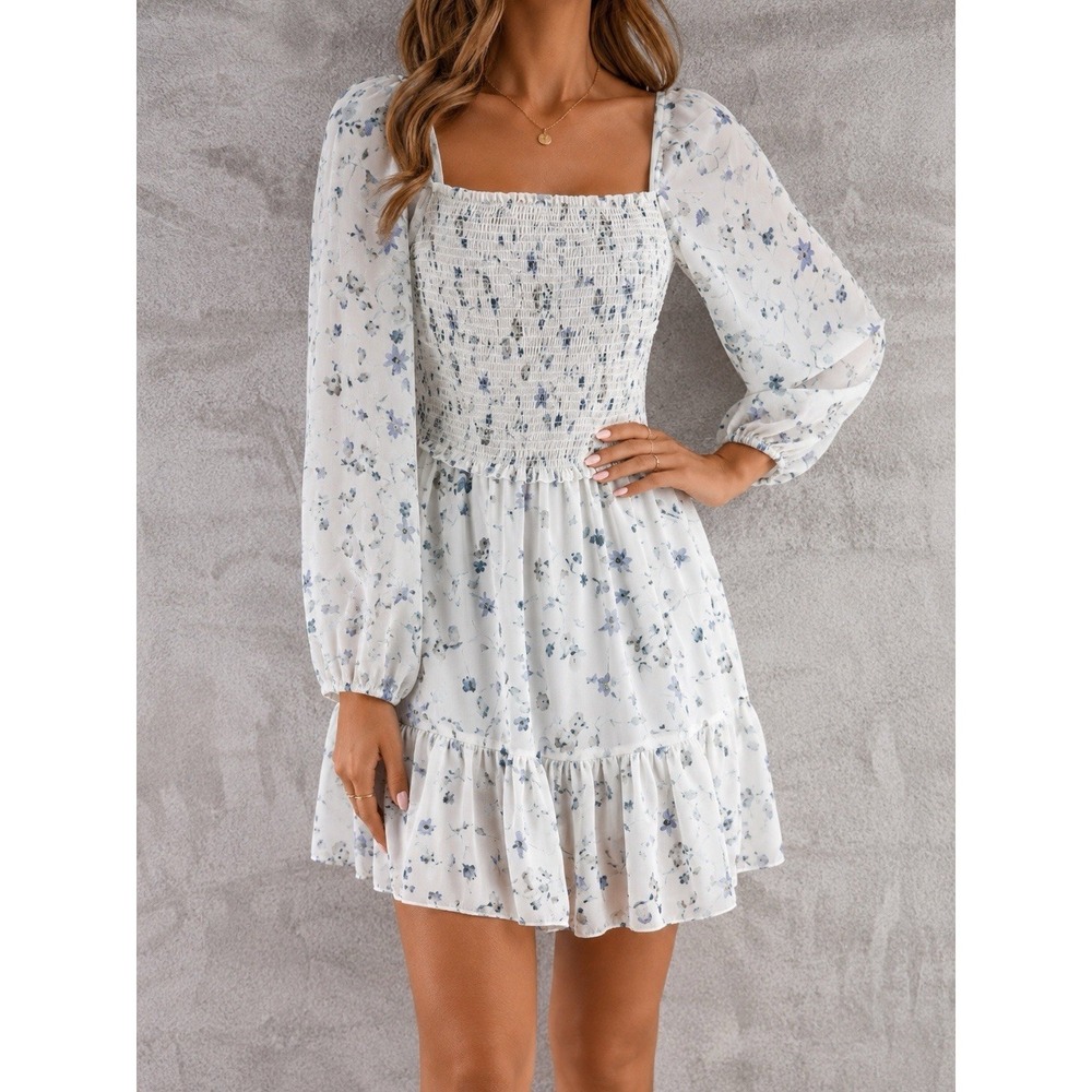 Aritzia Wilfred Tempest Dress Womens Small White Blue Floral Smocked Ruffle Mini